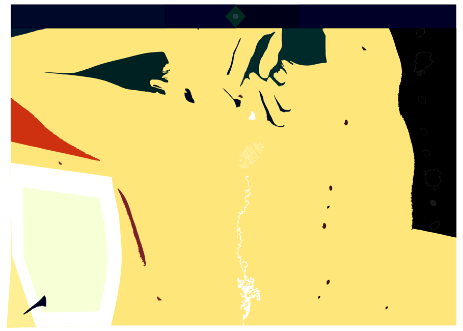 Abstrakte Rückenansicht einer Frau (gelb) mit im Nacken verschränkten Händen, Körperumrisse als Punkte, grobe Formen im Bildaufbau